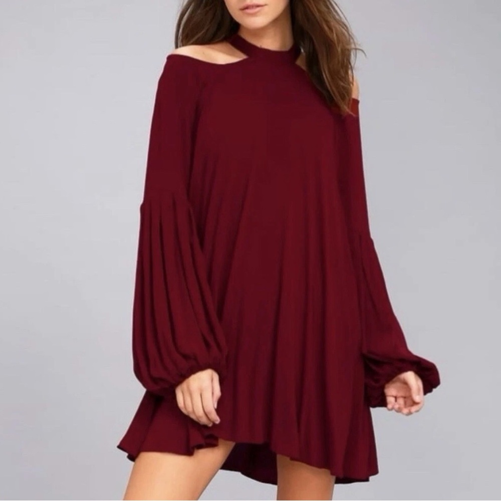 Free People Drift Away Sz XS Burgundy Off-Shoulder Tunic Dress Anthropologie